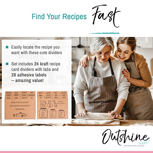 OUTSHINE Premium Kraft Recipe Cards Dividers 4x6 with Tabs (Set of 24) | Recipe Box Dividers Made of Thick Cardstock | Includes 28 Adhesive Labels and Printed Cooking Tips | Best Kitchen Gift OUTSHINE