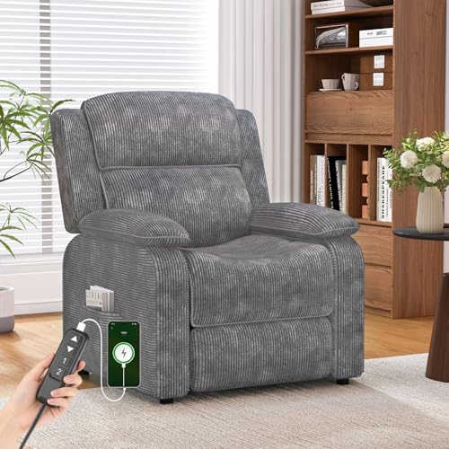 EROMMY Electric Recliner Chair, Oversized Power Recliner with USB Charging Port & Side Pockets, Heavy Duty Corduroy Reclining Sofa Chair, Wide Seat Living Room Chair for Adults, Dark Grey