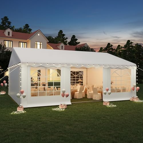 EROMMY 20x20ft Party Tent, Heavy Duty Large Wedding Canopy Outdoor Carport with 6 Removable Sidewalls, 2 Roll-up Doors, 2 Storage Bags, Gazebo Shelter Tent for Party Event Commercials, White EROMMY