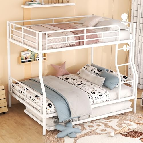 Bellemave Full XL Over Queen Metal Bunk Bed with Trundle, Bunk Bed Frame with Ladder and Safety Rails for Kids Triple Metal Bunk Can be Divided into Two beds, White Bellemave