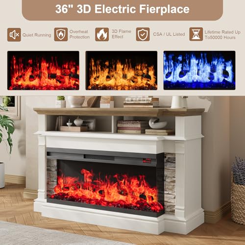 QUW Fireplace TV Stand for TVs up to 65", Farmhouse 52" Fireplace Entertainment Center with 36" 3-Side Glass Electric Fireplace, TV Console with Open Storage Shelves for Living Room, Antique White QUW