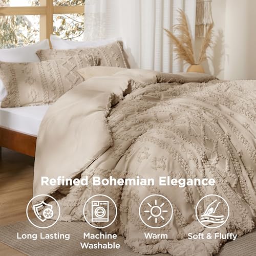 Bedsure Tufted Boho Comforter Set Twin Size - Khaki Boho Bed Set, GentleSoft™ 2 Pieces Farmhouse Shabby Chic Embroidery Bedding, Gifts for Woman, Soft Jacquard Twin Comforter for All Seasons Bedsure