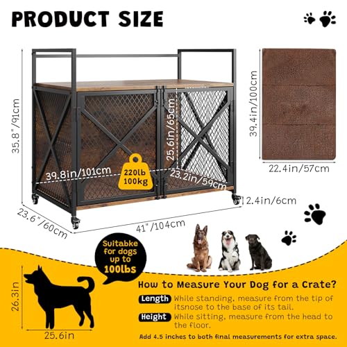 41 Inch Dog Crate Furniture, Heavy Duty Dog Kennel Table with 360° Swivel Wheels, Double Doors, 4 Latches, Vintage Farmhouse Dog House End Table for Large, Medium and Small Dogs, Brown Hipicute
