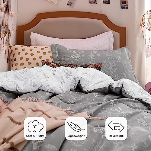 Bedsure Twin/Twin XL Comforter Set - Grey Bed Set, 2 Pieces Cute Floral Bedding, 1 Soft Reversible Botanical Flowers Comforter and 1 Pillow Sham Bedsure