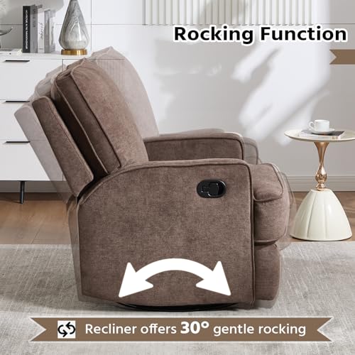 ANJ 360° Swivel Rocker Recliner Chair for Adults, Classic Manual Glider Recliners with Overstuffed Backrest, Upholstered Rocking Reclining Sofa Chair for Living Room, Brown