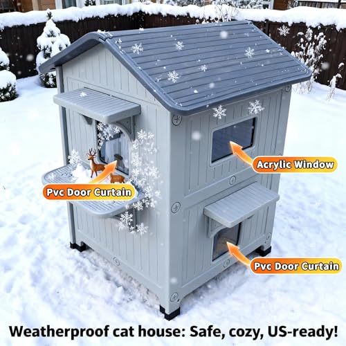 Weatherproof Outdoor Insulated Cat House for Feral Multi Cat, 2 Storey Plastic Elevated Cat Shelter with Escape Door, Easy Assemble, Expansive Interior Grey 34" D x 21" W x 21.5" H HiCaptain
