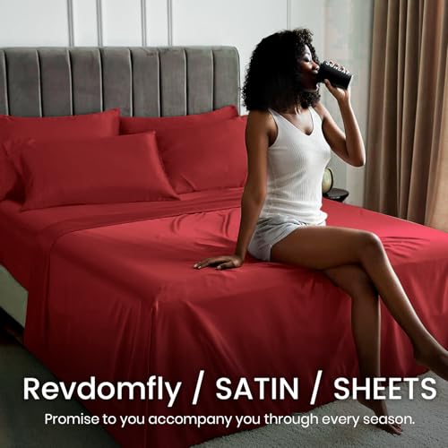 Revdomfly 4 Pcs Queen Size Luxury Silky Soft Wine Red Satin Sheet Set,1 Premium Moisture Wicking Fitted Sheet Fits Up to 16 Inches Deep Pocket + 1 Flat Sheet + 2 Pillowcases(Wine Red, Queen) Revdomfly