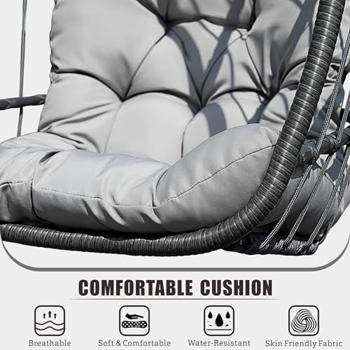 HWB Hanging Egg Chair with Stand, Patio Wicker Egg Swing Chair with Cushion for Bedroom Garden Indoor Outdoor (Grey) HWB