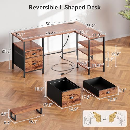 Furologee L Shaped Computer Desk with Power Outlet, Reversible Home Office Desk for Work Study, 50 Inch Corner Gaming Table with File Drawer, Monitor Stand, Storage Shelves, Rustic Brown Furologee