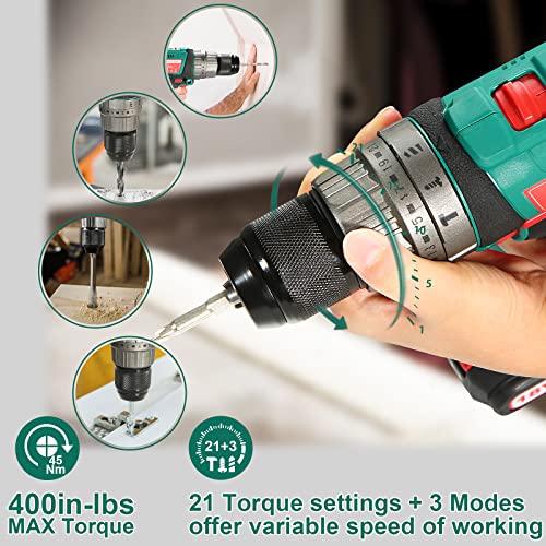 Cordless Hammer Drill Driver 18V, HYCHIKA 400 In-lbs Torque Power Drill with Auxiliary Handle, 1/2” Metal Chuck, 2.0Ah Battery, 1H Fast Charger, 21+3 Clutch, LED Light for Drilling Wood Metal Wall HYCHIKA BETTER TOOLS FOR BETTER LIFE