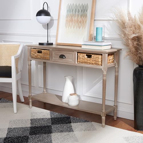 SAFAVIEH Home Collection – Christa White Wash Console Table with Rattan Drawers & Shelf, Coastal Cottage Storage Console, Vintage Design (AMH5737E) SAFAVIEH