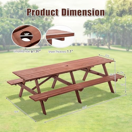 Jaxilyn Outdoor Wooden Picnic Tables 10-12 Person with Benches for Patio Garden Backyard Large Outside Dining Table Set with Umbrella Hole Jaxilyn