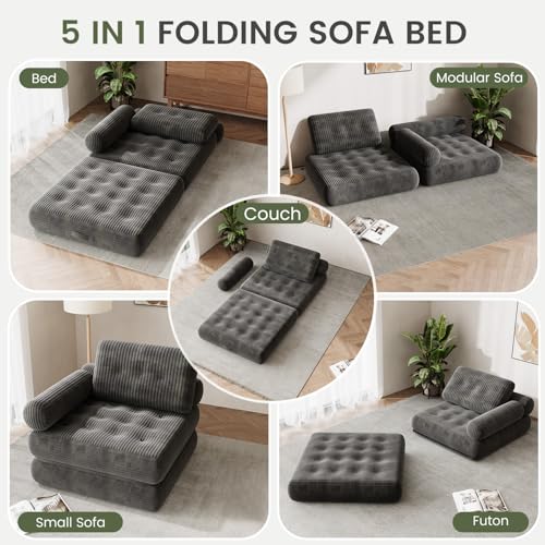 DSNAPE 35" Folding Sofa Bed, 5-in-1 Convertible Sleeper Chair Floor Mattress with Removable Armrest, Boneless Couch in a Box Fold Out Futon Lounge Chair Bed for Dorm Bedroom Small Space - Grey, Single DSNAPE