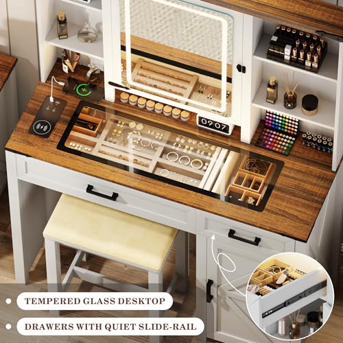 GlasFlength Farmhouse Makeup Desk with Mirror & Light 40'' Glass Tabletop Table with 2 Drawers & Hidden Jewelry Cabinet Rustic Big Vanity Charging Station Set Stool Included Bedroom, Vintage White GlasFlength