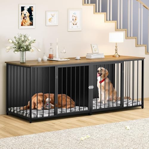 YITAHOME Double Dog Crate Furniture, 80.2 inch Large Breed Dog Kennel with Divider, Heavy Duty Dog House TV Stand Indoor for 2 Medium Dogs, Black YITAHOME