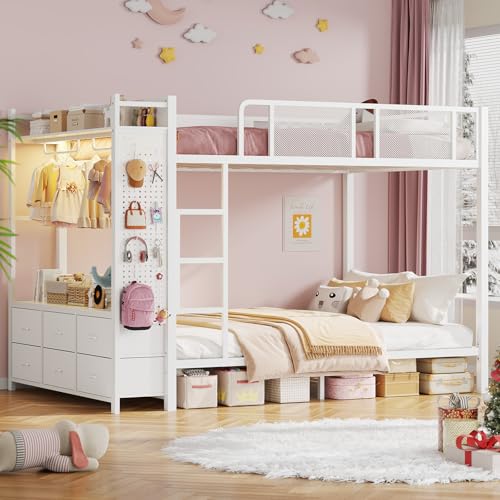 Itaar Metal Bunk Bed Full Over Full with Hall Tree, Power Outlet, LED Bunk Bed with 6 Storage Drawers, Bed with 13‘’ Safety Guardrail & Ladders for Kids and Teen, 400lb Weight Capacity, White Itaar