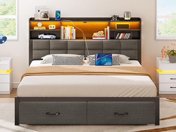 Rolanstar Bed Frame Queen Size with Drawers and Charging Station, Upholstered Platform Bed with Storage Headboard and LED Light, Heavy Duty Metal Frame Support, No Box Spring Needed, Noise Free, Grey Rolanstar