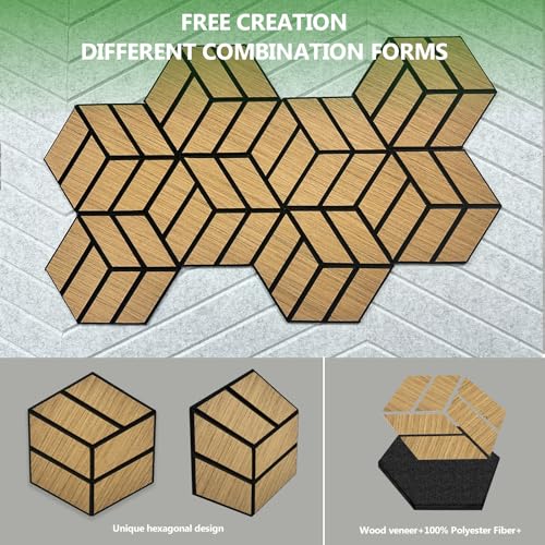 12 Pack Hexagon Acoustic Wood Wall Panels, Sound Proof Foam Panels, High-Density Wood Veneer Tiles for Interior Wall Decor, Recording Studio&Office, 10x9x0.4 Inch AkuDecor