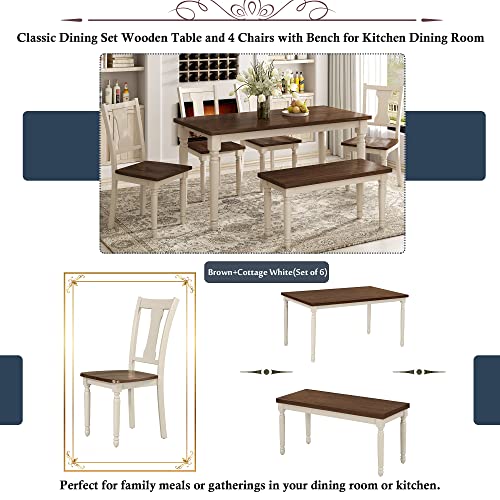 CKLMMC 6-Piece Dining Room Set, Classic Kitchen Furniture Set, Wooden Rectangular Table and 4 Chairs with Bench, 6-Person Configuration for Family Use (Brown+Cottage White@6) CKLMMC