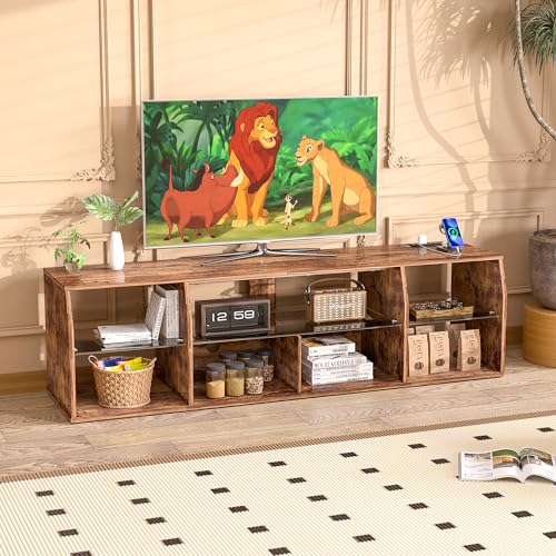 VECELO LED TV Stand with Lights & Power Outlet for 65 inch Gaming Entertainment Center with 7 Open Storage Shelves, Industrial Television Cabinet for Living Room, Bedroom, Retro Brown, 65inch VECELO