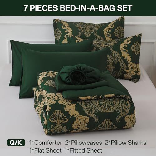 WONGS BEDDING Green Damask King Size Comforter Set, 7 Piece Texture Microfiber Comforter Bedding Set for All Season, Bed in a Bag with Comforter, Flat Sheet, Fitted Sheet, Pillowcases & Shams WONGS BEDDING