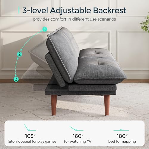 LINSY HOME Futon Sofa Bed, 70" Chenille Futon Couch with Adjustable Backrest Armrest, 3 in 1 Convertible Comfy Loveseat Sleeper Sofa Bed for Small Spaces Dorm Room Apartment Home Office, Dark Grey LINSY HOME