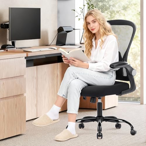 shipborne Ergonomic Office Chair, Computer Desk Chair with Adjustable Lumbar Support, Breathable Mesh Office Chair with Flip-up Armrests, Rocking Function, Comfy Home Office Desk Chair, Black shipborne