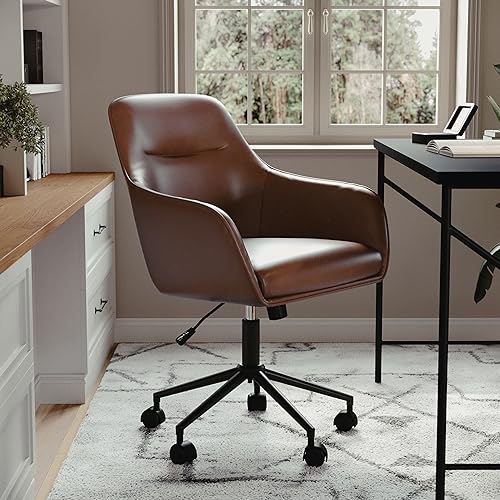Martha Stewart Rayna Swivel Task Chair with Flared Arms for Home Office in Saddle Brown Faux Leather with Oil Rubbed Bronze Frame Martha Stewart