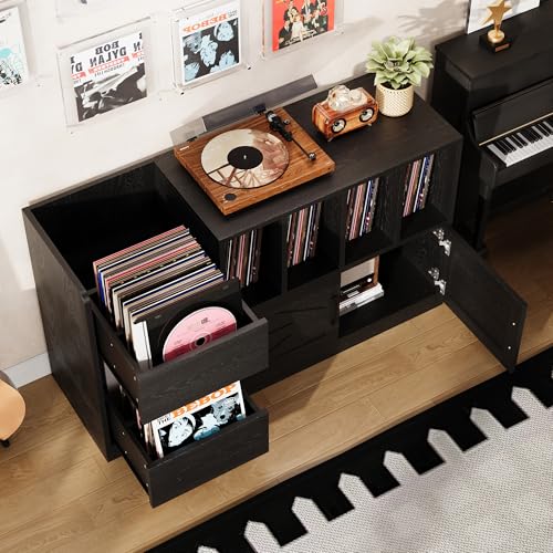 IRONCK Record Player Stand, Vinyl Record Player Table with Storage Cabinet and Drawers, Mid Century Modern Turntable Stand Holds Up to 500+ Albums for Living Room, Music Room, Black IRONCK