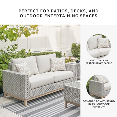 Signature Design by Ashley Seton Creek Cottage Weather Resistant Outdoor Loveseat with Cushion and 2 Throw Pillows, Light Brown & Light Gray Signature Design by Ashley