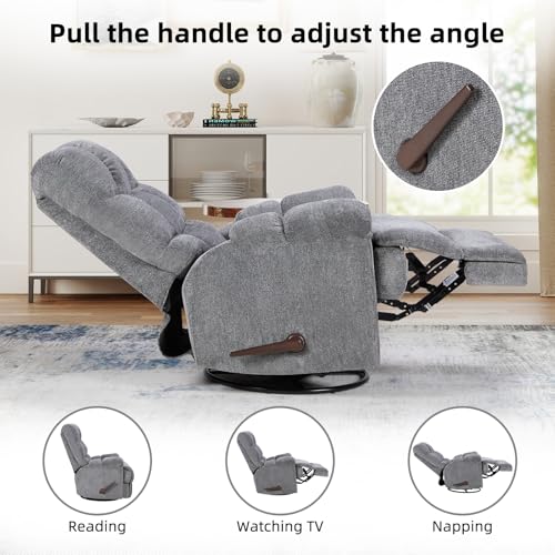 CANMOV Swivel Rocker Recliner for Adults,Glider Rocking Reclining Chair for Nursery,Manual Recliner Chair with Overstuffed Back and Arms for Living Room Bedroom Nursery,Grey
