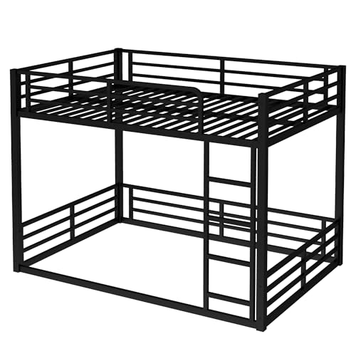 Full Over Full Bunk Bed Frame with Noise Reduced Design, Heavy Buty Floor Bunk Bed with Build in Ladder for Kids, Teens, No Box Spring Needed, Not Include Mattress Bellemave