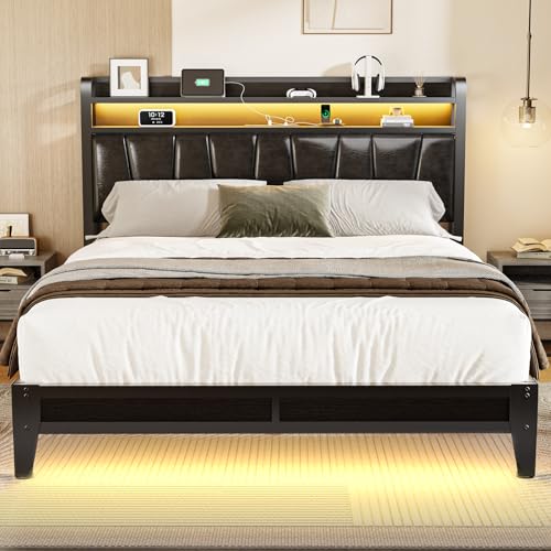 Siihnon Queen Size Bed Frame with 2-Tier Storage Shelves, LED Bed Frame with PU Leather Headboard, Metal Platform Bed with Charging Station, Noise Free, No Box Spring Needed, Easy Assembly, Black Siihnon