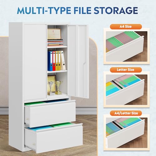 DEVAISE 71" Metal Storage Cabinet, 2-Drawer Lateral File Cabinet, Adjustable Shelves & Doors, White Garage Storage Cabinet, Heavy Duty Tall Cabinet for Home Office, Garage Organization DEVAISE