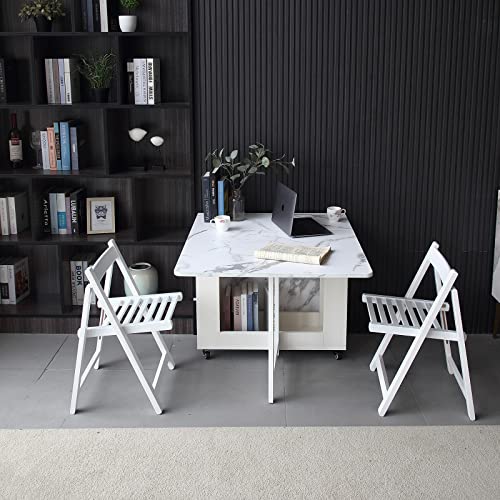 FUNROLUX Folding Dining Table with Rack and 2 Storage Drawers, Movable Extendable Space Saving Kitchen Table in 3 Forms (White) FUNROLUX