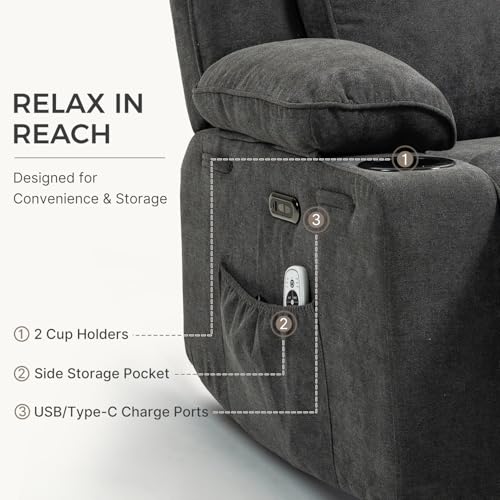 Power Recliner with Rocking, Swivel & Glider - Nursery Chair with One-Touch Button, Vibrating Massage & Heat, USB Charging Ports, Perfect for Nursery, Living Room, or Bedroom Relaxation, Dark Gray