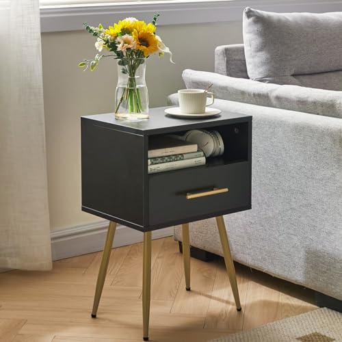 IBUYKE Nightstand, Mid Century Modern Night Stand, Bedside Table with Drawers and Open Storage Shelf, End Side Table with Metal Legs, for Bedroom, Small Spaces,Black UWNS004B IBUYKE