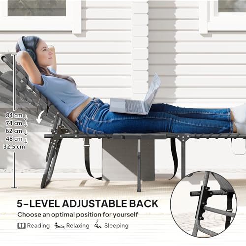 Outsunny Folding Chaise Lounge Chair Outdoor Tanning Chair with Side Table, 5-Level Adjustable Beach Lounge Chair with Headrest, Side Pocket for Patio, Backyard, Beach, Poolside, Gray