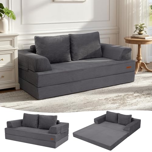 COMAX Convertible Sofa Bed, Folding Floor Couch Corduroy Fold Out Couch Bed Futon Sleeper Mattress with Pillows, Boneless Sofa Comfy Lounge Loveseat for Living Room Bedroom, Grey COMAX