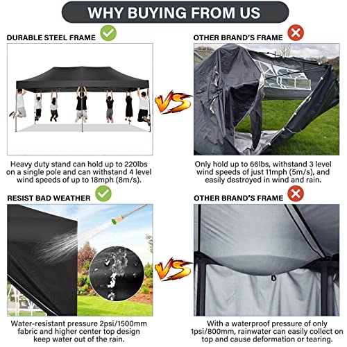 COBIZI 10x20 Pop Up Canopy Without Sidewall,Heavy Duty Canopy UPF 50+ All Season Wind Waterproof Commercial Outdoor Wedding Party Tents for Parties Canopy Gazebo with Roller Bag(10 x 20 ft Black) COBIZI