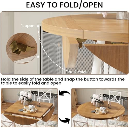 IRONCK Dining Table Set for 4, Round Kitchen Table and 4 Stool Chair for Dining Room, 44.5inch Drop Leaf Desk, Small Space Saving, Natural Wood IRONCK