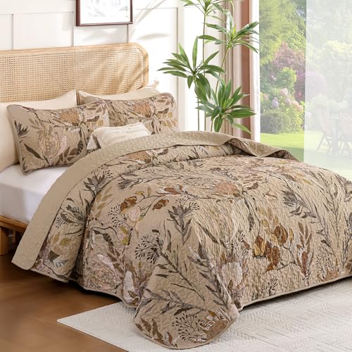 Dintszyayue Quilt Queen Size Brown, 3 Pieces Boho Floral Bedspread Bedding for Queen Size Bed, Soft Lightweight Microfiber Coverlet Set for All Season Quilt with 2 Pillowcases Dintszyayue