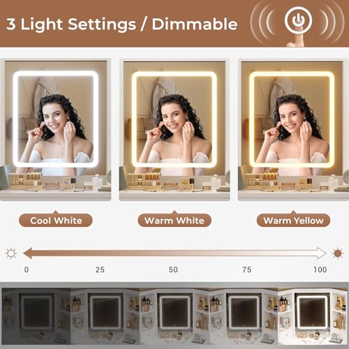 HAUOMS Vanity Desk with Mirror Lights, Storage Bench & Power Outlet, Corner Vanities with Rotating Cabinet & Drawers, 42.5" L Shaped Vanity Set, 3 Light Settings, for Women Girls, Modern White HAUOMS