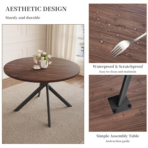 HIPIHOM 45.3 Inch Round Dining Table Set for 4, Mid Century Modern MDF Coffee Set for Dining Room Kitchen Apartment (Dark Walnut Table + 4 U-Shaped Black Chairs) HIPIHOM