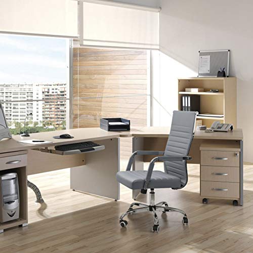 KaiMeng Ribbed Office Desk Mid Back Computer Chair Height Adjustable Conference Executive Task Swivel PU Leather (Grey)