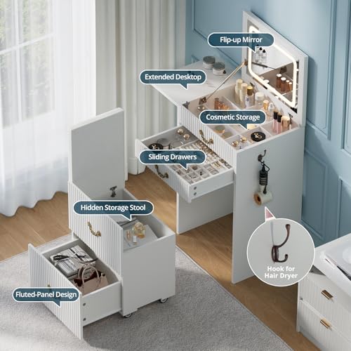FURSUN 3-in-1 Vanity with Flip Mirror & Lights, Fluted Compact Vanity Table with 3 Drawers, Storage Compartment and Rolling Stool, Modern Small Makeup Vanity for Bedroom, Powder Room, Solid White FURSUN