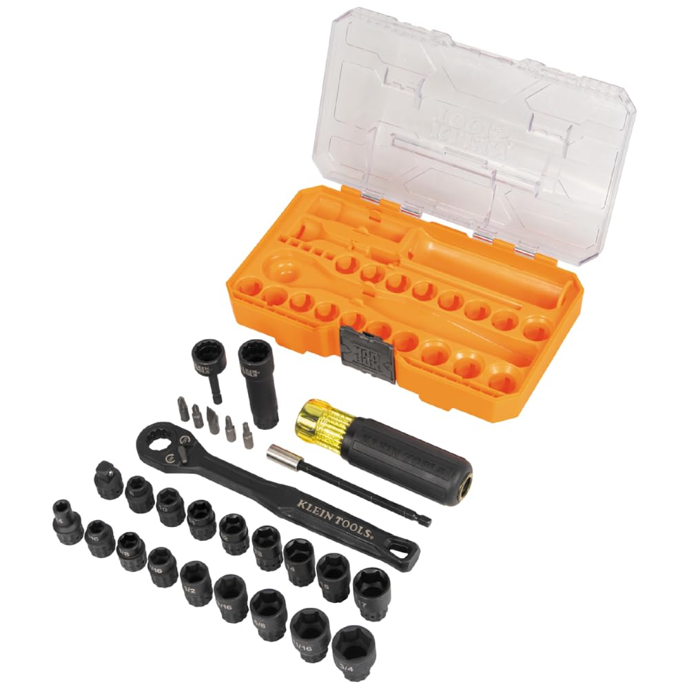 Klein Tools 65400KNECT KNECT Essential Pass Through Impact Socket Set, SAE and Metric, 90-Tooth Ratchet, MODbox Case, 3/8-Inch Drive, 28-Piece Klein Tools