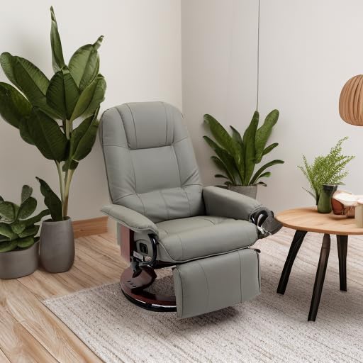 HOMCOM Faux Leather Manual Recliner, Adjustable Swivel Lounge Chair with Footrest, Armrest and Wrapped Wood Base for Living Room, Gray HOMCOM