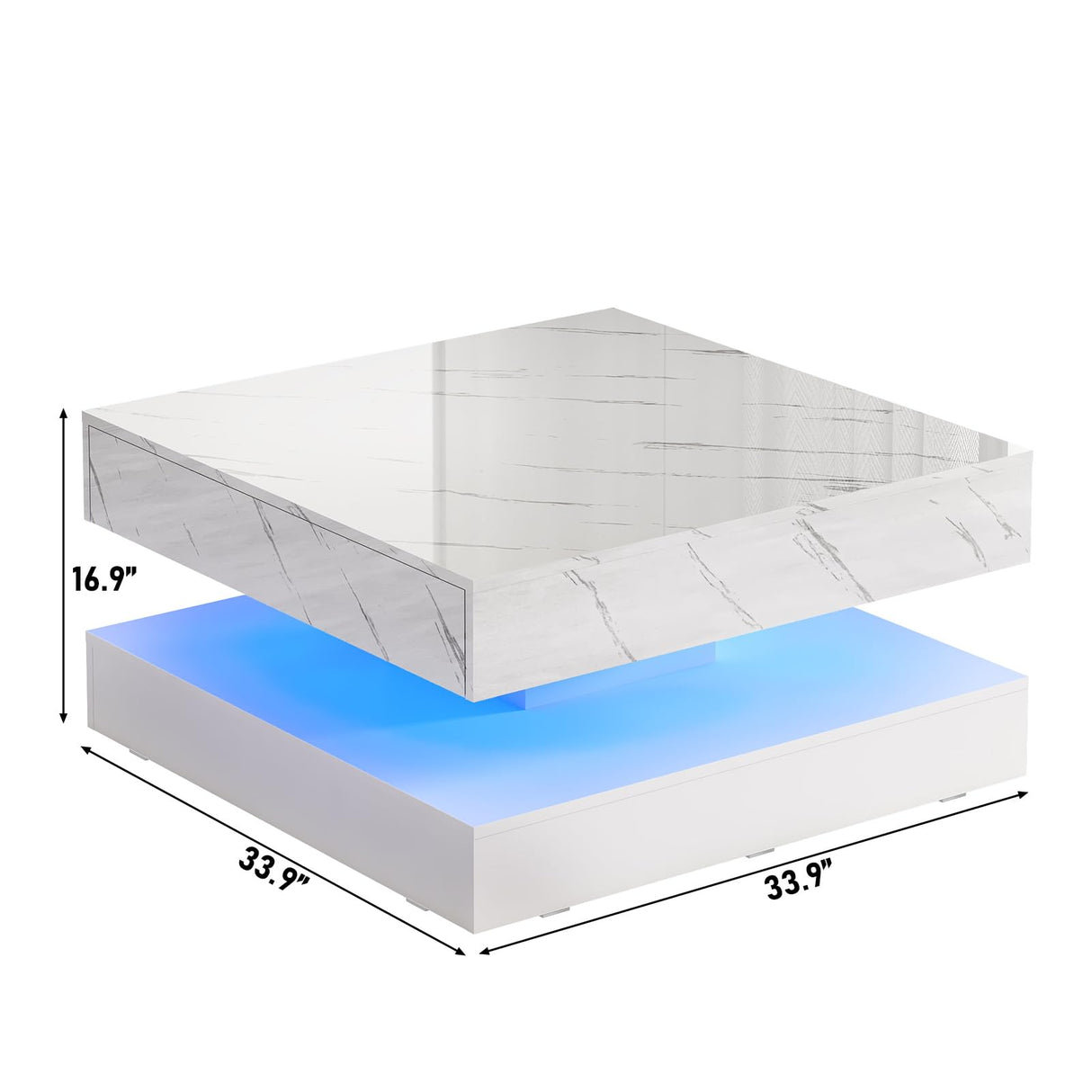 jiteentarou 33.9" LED Coffee Table with Storage, Modern High Glossy Living Room Table w/2 Drawers,Double-Layer Design Large Square Center Table for Living Room, Home, Office, White Marble jiteentarou