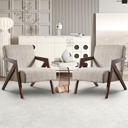 INZOY Accent Chairs Set of 2, Mid Century Modern Accent Chair with Wood Frame, Upholstered Reading Armchair with Soft Linen Fabric, Accent Chair for Living Room Bedroom Apartment, Easy Assembly, Brown INZOY